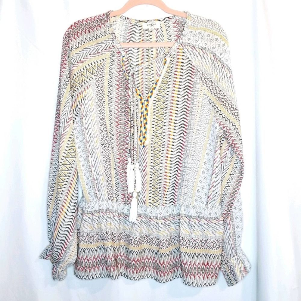 Umgee White Multicolor Boho Embroidered Tasseled Bishop Sleeve Top